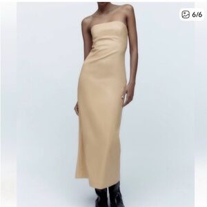 Zara Strapless Faux Leather Tan Dress